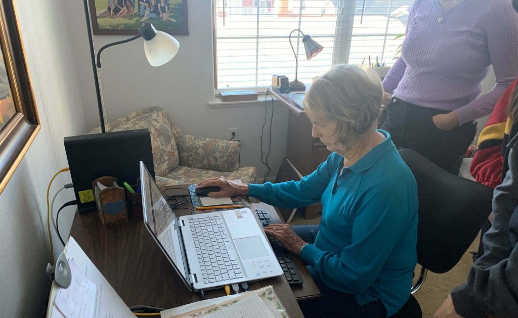 Woman works at laptop at desk in room.