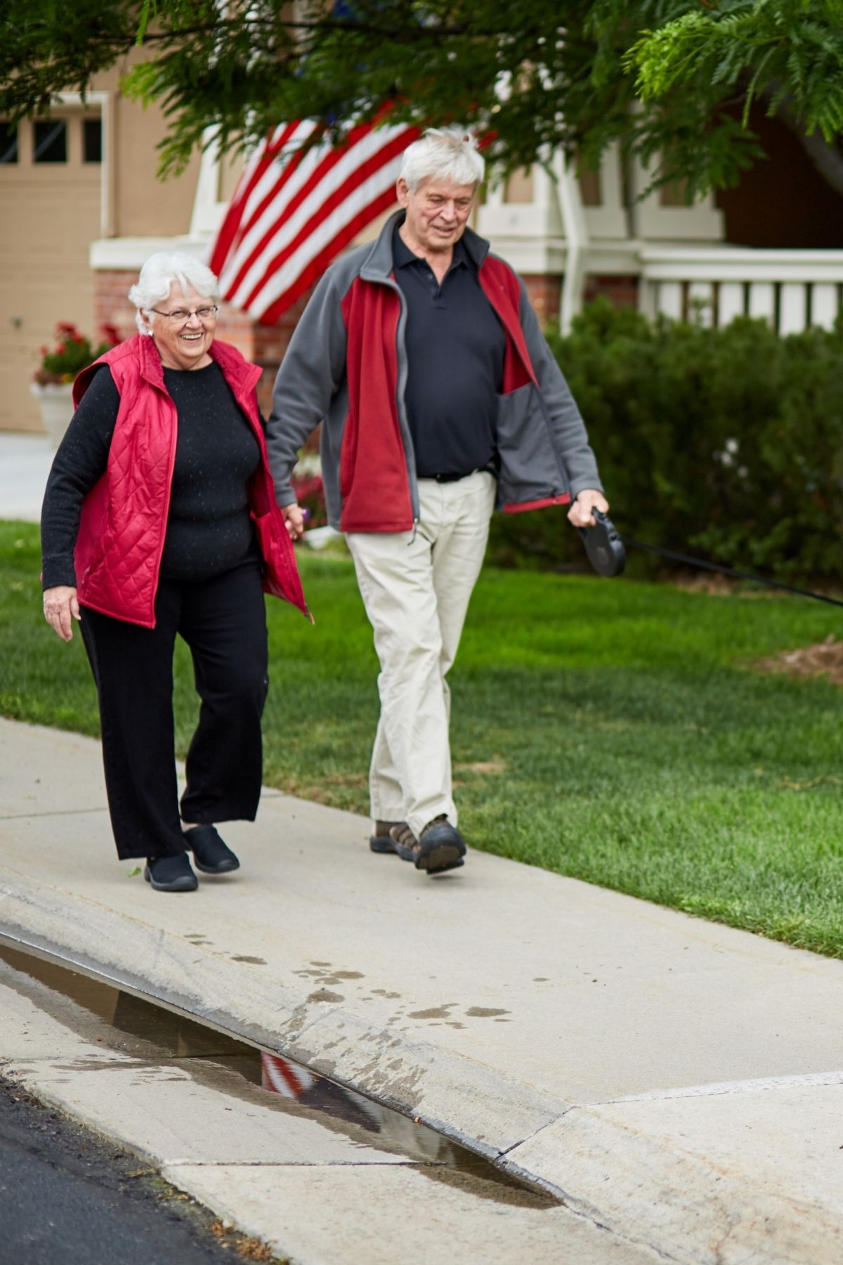 senior couple taking dog for a walk portrait