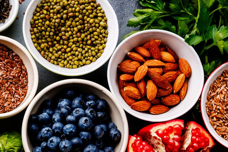 healthy berries and nuts in bowls