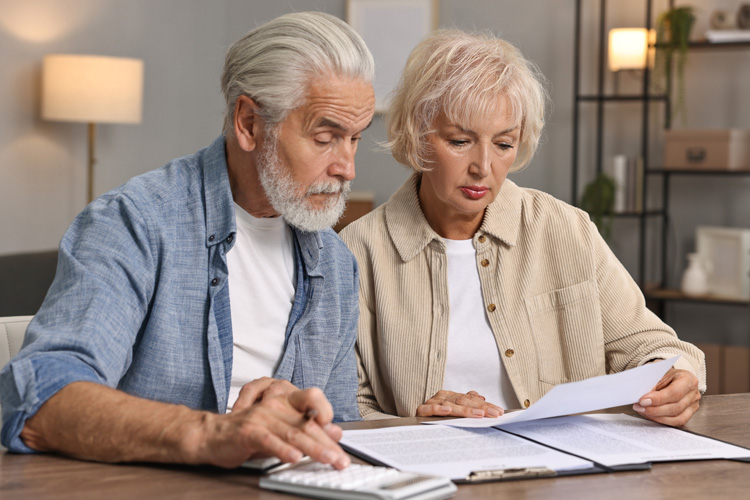 senior adult couple with paperwork